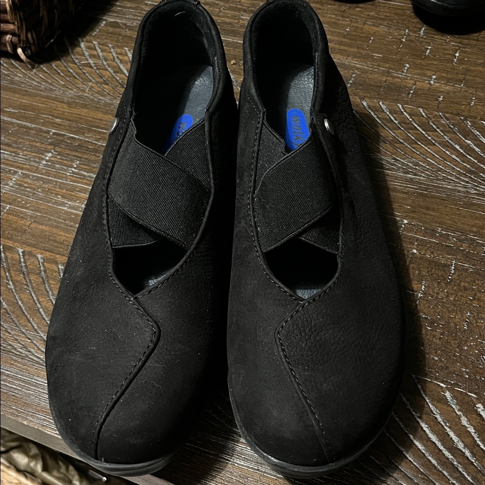 Wolky Black Suede Elastic Cross Strap Flats